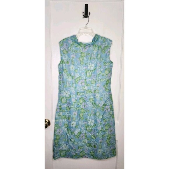 Vintage Grill Modisch Trevira Blue Floral Side Zip Dress Size 44 / Large - Picture 2 of 5